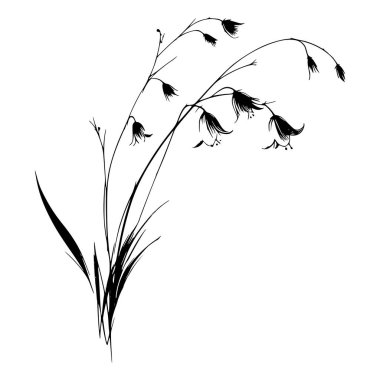 Siyah ve beyaz çizgiler, çan çiçeklerinin eğildiği sanat örnekleri 