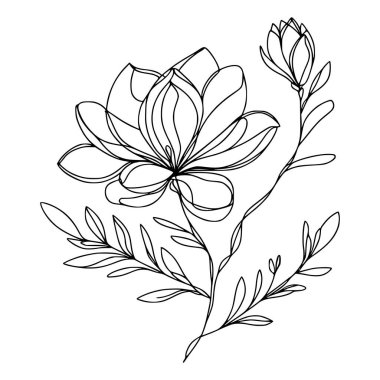 Beyaz arka planda yaprakları olan sürekli bir çizgi çiçeği. El çizimi çiçek illüstrasyonu