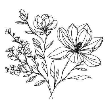 Beyaz arka planda yaprakları olan sürekli bir çizgi çiçeği. El çizimi çiçek illüstrasyonu