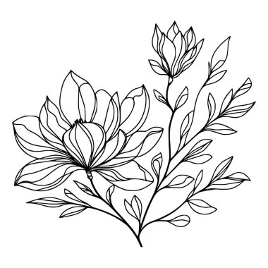 Beyaz arka planda yaprakları olan sürekli bir çizgi çiçeği. El çizimi çiçek illüstrasyonu