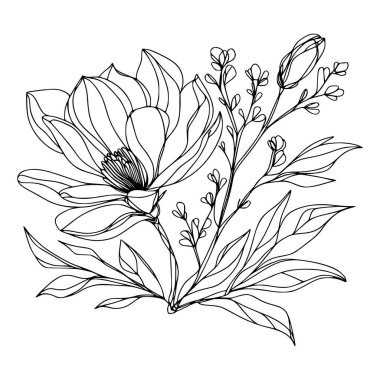 Beyaz arka planda yaprakları olan sürekli bir çizgi çiçeği. El çizimi çiçek illüstrasyonu