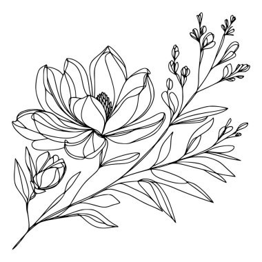 Beyaz arka planda yaprakları olan sürekli bir çizgi çiçeği. El çizimi çiçek illüstrasyonu