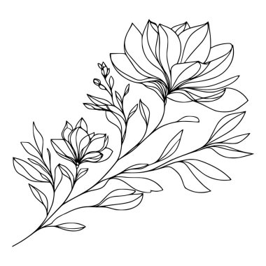 Beyaz arka planda yaprakları olan sürekli bir çizgi çiçeği. El çizimi çiçek illüstrasyonu