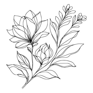 Beyaz arka planda yaprakları olan sürekli bir çizgi çiçeği. El çizimi çiçek illüstrasyonu