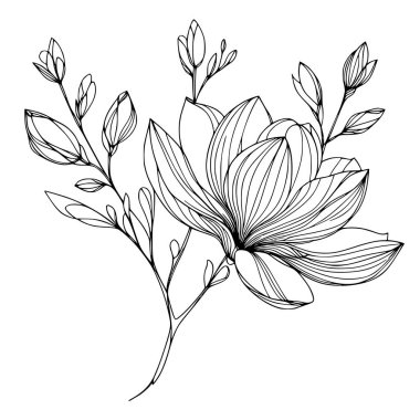 Beyaz arka planda yaprakları olan sürekli bir çizgi çiçeği. El çizimi çiçek illüstrasyonu