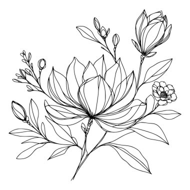 Beyaz arka planda yaprakları olan sürekli bir çizgi çiçeği. El çizimi çiçek illüstrasyonu