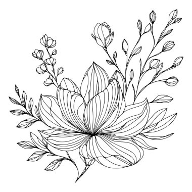 Beyaz arka planda yaprakları olan sürekli bir çizgi çiçeği. El çizimi çiçek illüstrasyonu