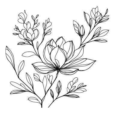 Beyaz arka planda yaprakları olan sürekli bir çizgi çiçeği. El çizimi çiçek illüstrasyonu