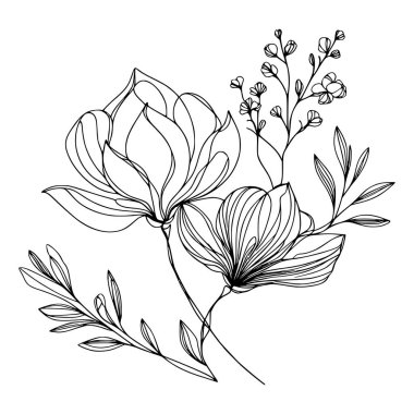 Beyaz arka planda yaprakları olan sürekli bir çizgi çiçeği. El çizimi çiçek illüstrasyonu