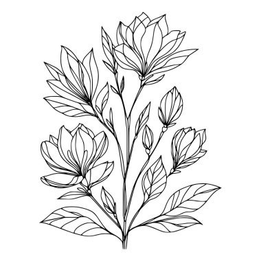 Beyaz arka planda yaprakları olan sürekli bir çizgi çiçeği. El çizimi çiçek illüstrasyonu
