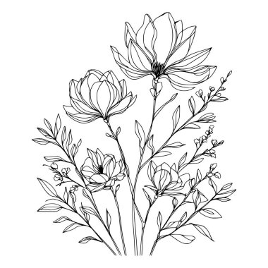 Beyaz arka planda yaprakları olan sürekli bir çizgi çiçeği. El çizimi çiçek illüstrasyonu