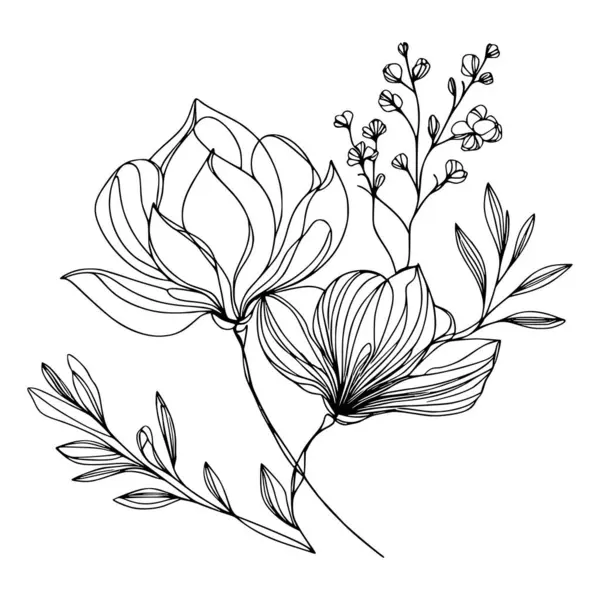 Beyaz arka planda yaprakları olan sürekli bir çizgi çiçeği. El çizimi çiçek illüstrasyonu