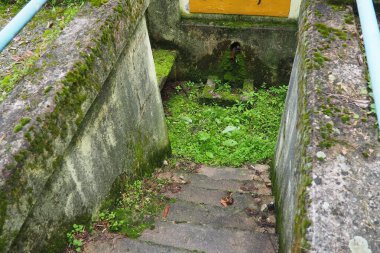 Banja Koviljaca, Loznica, Sırbistan. Guchevo Dağı, park ve orman. Maden sülfürik ve yırtıcı su kaynağı Rakina Chesma Cesma. Guchevo yolunun yakınında bir pınar. Beton çit ve merdiven