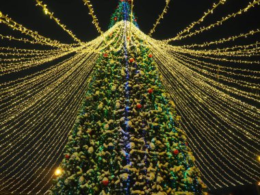 Karlı gecelerde süslemeleri ve aydınlatmaları olan büyük, güzel bir Noel Ağacı. Yılbaşı ve Noel tatili geçmişi. Şenlikli kış şehri manzarası