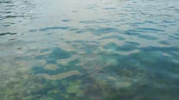 緑の紺碧のターコイズブルーの透明海塩水の質感 水面と波紋の上からの眺め 海水の波 岩の底は結晶水を通して見える モンテネグロ アドリア海 — ストック動画