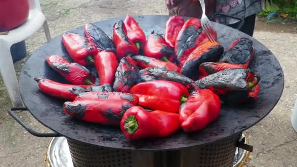 烤红辣椒的烟熏味和快速剥皮 辣椒作物在金属圆上的热处理 用于烧炭做饭 取暖或文化仪式的更巴西的容器 — 图库视频影像