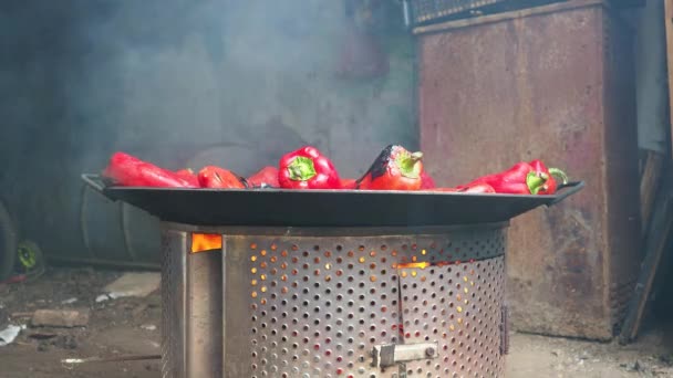 烤红辣椒的烟熏味和快速剥皮 辣椒作物在金属圆上的热处理 用于烧炭做饭 取暖或文化仪式的更巴西的容器 — 图库视频影像