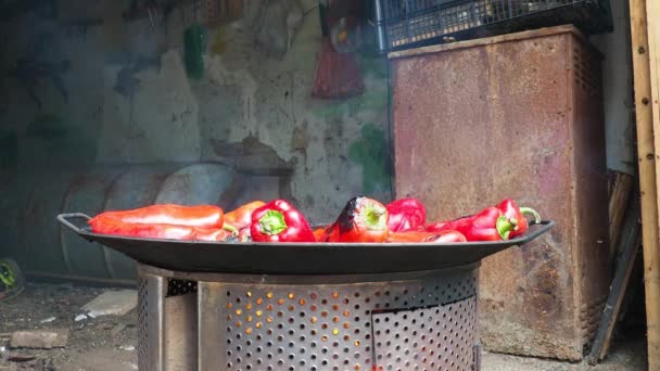 烤红辣椒的烟熏味和快速剥皮 辣椒作物在金属圆上的热处理 用于烹饪 取暖或文化仪式的烧炭燃料的巴西容器 — 图库视频影像