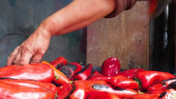 烤红辣椒的烟熏味和快速剥皮 辣椒作物在金属圆上的热处理 更巴西的容器 用来燃烧木炭燃料做饭或取暖 保加利亚胡椒 — 图库视频影像