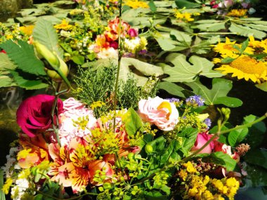 Sarı dekoratif ayçiçekleri, pembe ve kırmızı güller çeşmenin suyunda yüzen bir bukette. Yaz tatili süsü olarak tomurcukları kopardılar. Ivan Kupala, yaz gündönümü. Hasat festivali