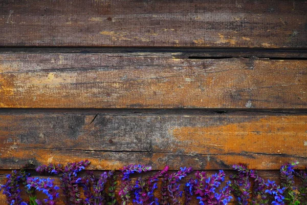 木製のテーブルの上にラベンダーとセージの花を閉じます 紫色と青の花とエッジの周りの葉を持つ暗い古い木の水平方向の板 まだ人生と平らなレイアウト テキストのための無料コピースペース — ストック写真