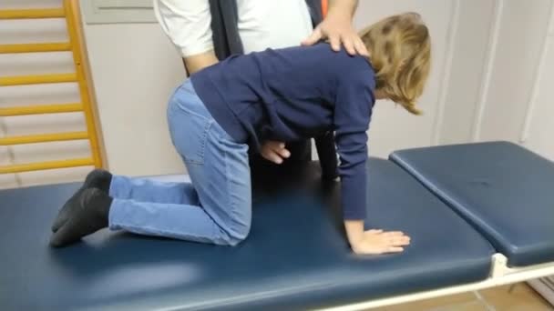 猫は背中とプレスの筋肉の運動です 理学療法士の指導の下で9歳の女の子が訓練します 小児および青年特発性硬化症の治療 — ストック動画