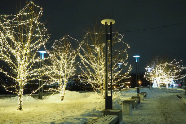 Новогодняя или рождественская городская улица. Снегоступы. Дизайн древесного освещения. Винтовые гирлянды ствола и веток. Светодиодные рождественские украшения. Гирлянды - пауки и зажимы света. Электрическое освещение.