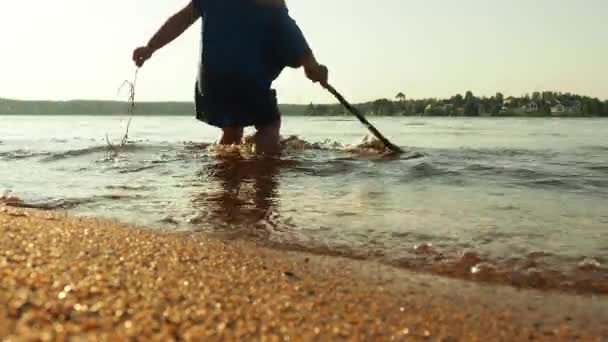 Waves Clear Water Crash Sandy Beach Child Stands Knee Deep — Stock video