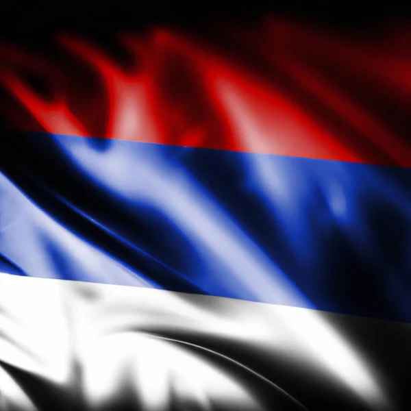 Serbian flag fluttered in the wind. Silk base. Dark shadows or vignette along the edges of the image. Republic of Serbia. Serbian tricolor