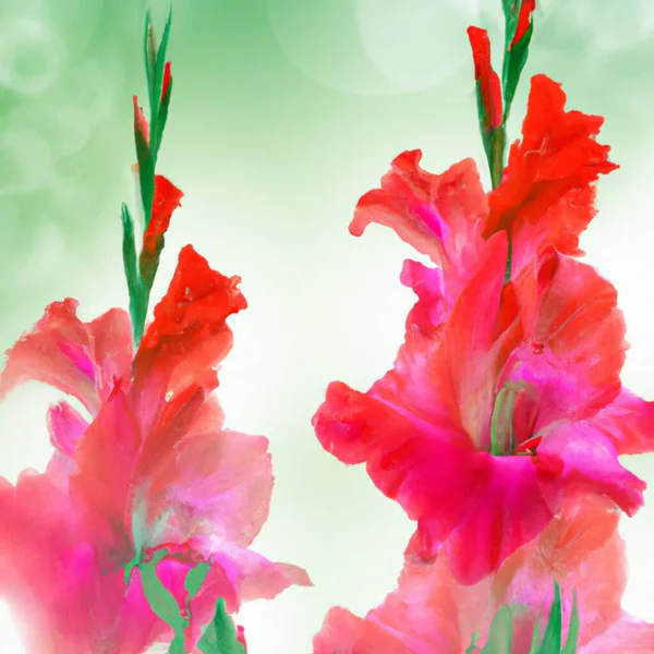 Gladiolus, sword-Lily, purple and yellow gladiolus bloom in the garden. Close-up of gladiolus flowers. Bright gladiolus flowers in summer. Large flowers and buds on a green background. Greeting card