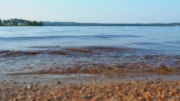Calm Waves Roll Sandy Shore Water Movement Tourist Paradise Karelia — Stockvideo
