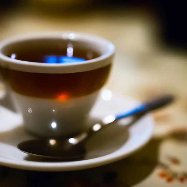 Cup of a hot tea in cafe. Anamorphic bokeh effect. Tilt-shift photo. Tasty aromatic tea in a lovely cup with a saucer. The tea is getting cold. Natural aroma. Label or advertisement. Evaporation