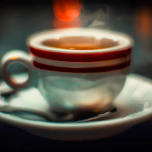 Cup Hot Tea Cafe Anamorphic Bokeh Effect Tilt Shift Photo — Stock Photo, Image