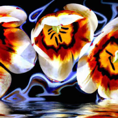 Lale Tulipa, zambak familyasından soğanlı otlar. Bahçe çiçekleri Soyut mavi dalgalar üzerinde kırmızı-turuncu sürreal çiçekler. Çiçekler narin buketler. Güzel tomurcuklar. Anamorfik bokeh. Parfüm etiketi