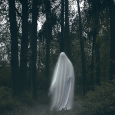 Beyaz cüppeli bir hayalet ağaç gövdeleri arasında dolaşıyor. Paranormal dünyadaki hayalet. Korkunç bir rüyaydı. Siste garip bir orman. Mistik bir atmosfer. Koyu renk. Arka plan duvar kâğıdı. Kasvetli zamanlar