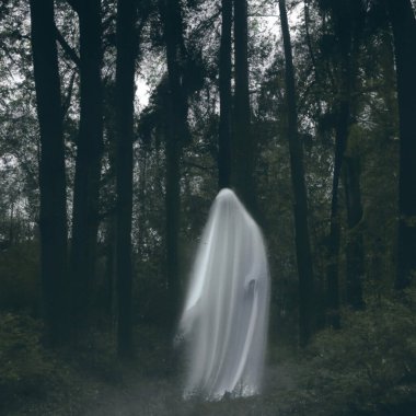 A ghostly vision in white robes roams between tree trunks. Ghost in the paranormal world. Horrible dream. Strange forest in a fog. Mystical atmosphere. Dark wood. Background wallpaper. Gloomy times clipart