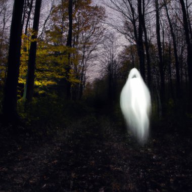 Beyaz cüppeli bir hayalet ağaç gövdeleri arasında dolaşıyor. Paranormal dünyadaki hayalet. Korkunç bir rüyaydı. Siste garip bir orman. Mistik bir atmosfer. Koyu renk. Arka plan duvar kâğıdı. Kasvetli zamanlar
