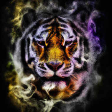 Kendine güvenen yetişkin bir erkek kaplanın resimli portresi. Kara soyut arka planda kaplan kolajı, vahşi yaşam hayvanı. Turuncu, siyah, mor ve beyaz. Kafanın etrafında duman ya da sis.