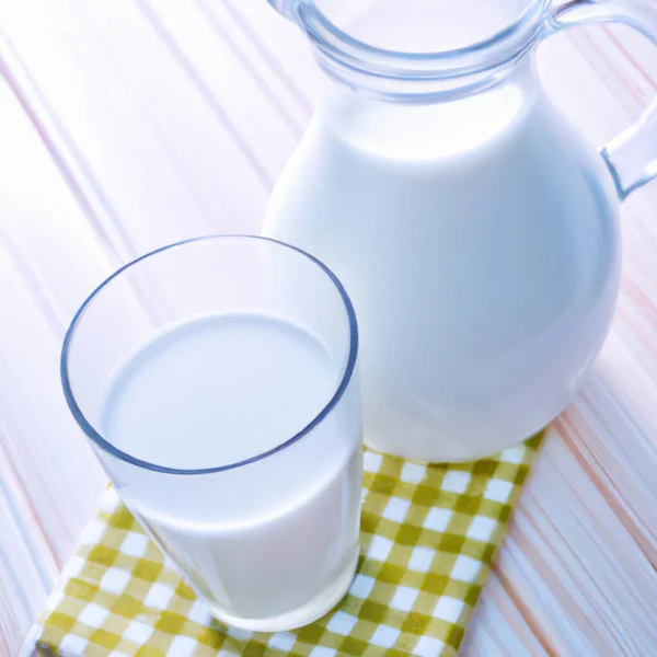 ガラスのカップとカフェでミルク トップビュー 白い木製のテーブルの上に白と緑のチェッカータオル 乳製品の天然製品を宣伝するためのテンプレート キッチン用品 ミルクとジャグ — ストック写真