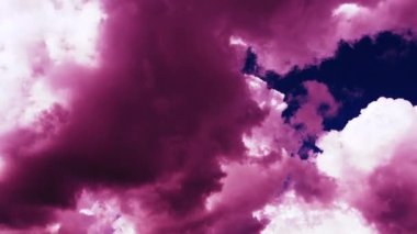 Mor gökyüzünde şişkin eflatun pembe bulutlar. Kümülüs bulutları dönüştüren renkli günbatımı gökyüzü. Bulutların güneş ışığında zaman kaybı. Güzel bir gökdelen. Atmosfer, rüya gibi pembe bulutlar