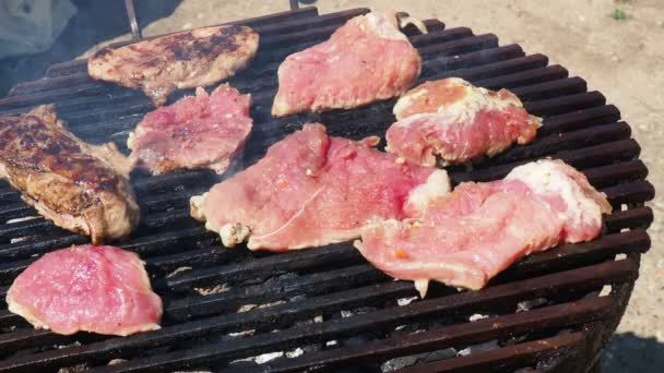 Câteva Bucăţi Carne Porc Crud Cărbuni Fripturi Suculente Carne Porc — Videoclip de stoc