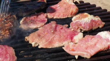 Kömürlerin üzerinde bir kaç parça çiğ domuz diğer tarafa çevriliyor. Izgarada ızgara ızgarada ızgara, alevler ve duman içinde ızgara etli domuz eti. Barbekü ızgarası