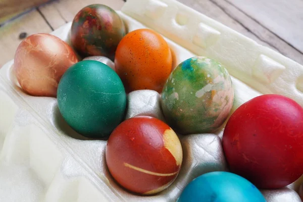 Ovos Coloridos Páscoa Fecham Embalagens Plásticas Dez Ovos Coloridos Férias — Fotografia de Stock