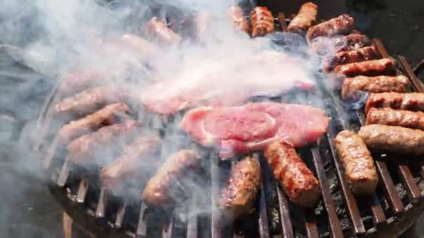 돼지고기 불이나 석탄에 튀긴다 날고기를 Cevapi Cevapcici 남동부와 발칸반도의 들에서 — 비디오