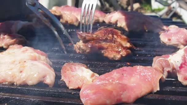 油炸肉用叉子刺穿 肉汁肥大刺耳 肉在烤架上的移动 烤多汁条带牛排准备好野餐庆祝了 生肉被摆成圆形 — 图库视频影像