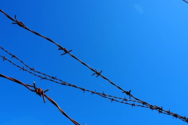 Dikenli tel, tel, dar metal şerit, üzerinde sivri dikenler var, bariyerler yapmak için kullanılır. Mavi gökyüzüne karşı paslı dikenli tel. Savaş konsepti, hak ve özgürlüklere kısıtlamalar
