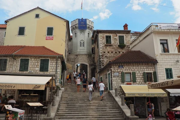 Herceg Novi Montenegro Cidade Velha Torre Sat Kula Sahat Kula — Fotografia de Stock