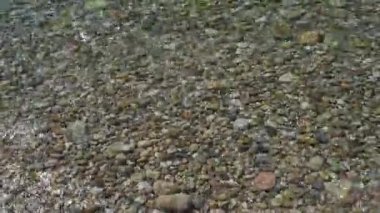 Deniz dalgaları kumsalda çakıl taşları. Çakıl taşlarını yıkayan bir deniz dalgasının güzel yakın plan görüntüleri. Karadağ 'daki Rocky Plage, Herceg Novi. Temiz suyun hareketi. Yaz okyanus tatili. Yuvarlak çakıl.