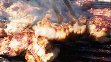 Izgarada ızgara ızgarada ızgara, alevler ve duman içinde ızgara etli domuz eti. Izgara sulu biftek piknik kutlaması için hazır. Barbekü ızgarası