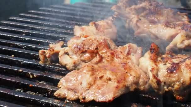 Ψητό Ζουμερό Χοιρινό Κρέας Μπριζόλες Κάρβουνα Καύση Σχάρα Μπάρμπεκιου Φλόγες — Αρχείο Βίντεο